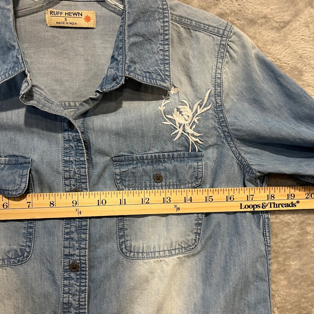 Ruff Hewn Denim Button Up Shirt Womens S Blue Floral Embroidered Long Sleeve - Picture 6 of 8
